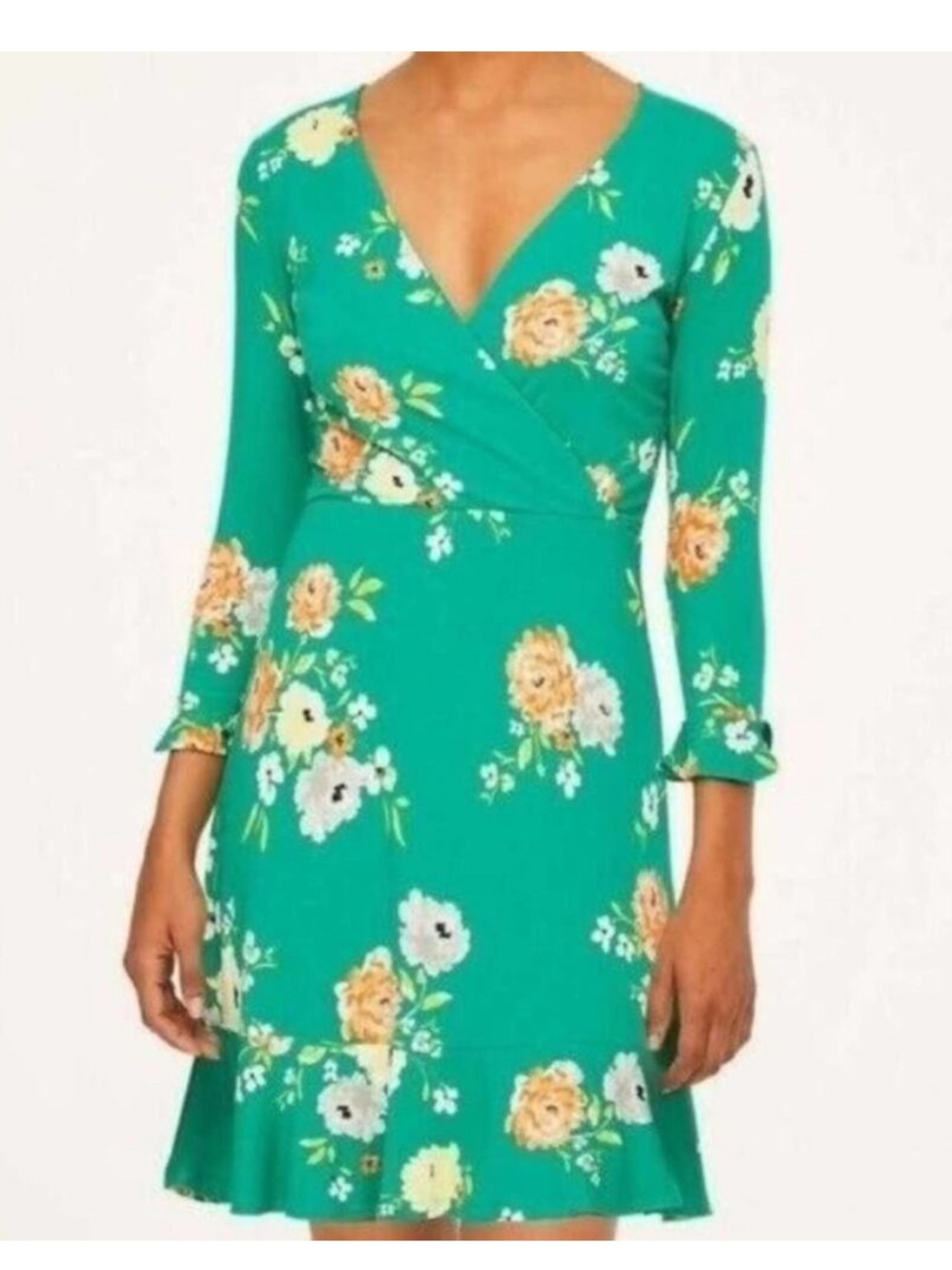 LOFT Green Floral Wrap Dress | Size 8 | Long Sleeve V-Neck Fit & Flare